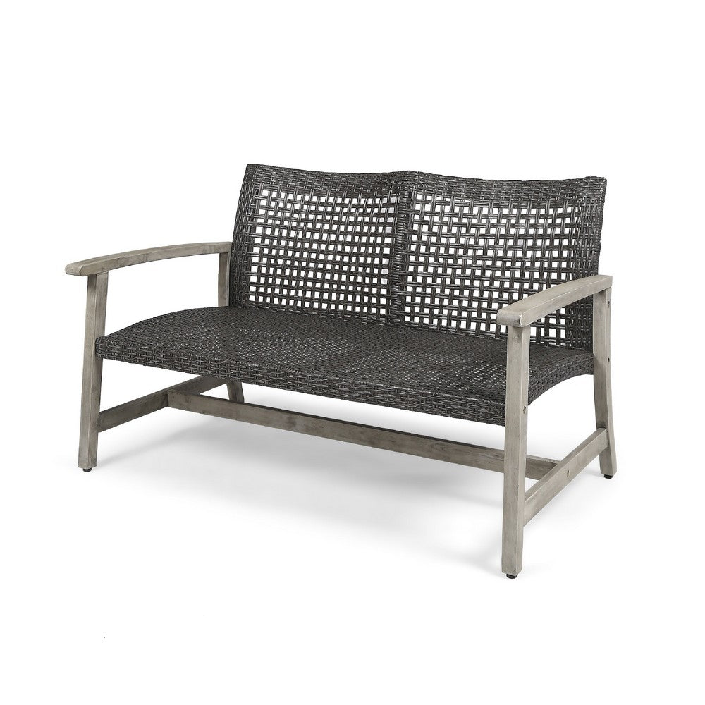 Bops Outdoor Loveseat | Rustic Acacia Wood Frame | 52" | Gray Wicker