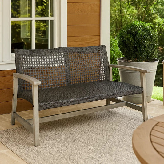 Bops Outdoor Loveseat | Rustic Acacia Wood Frame | 52" | Gray Wicker