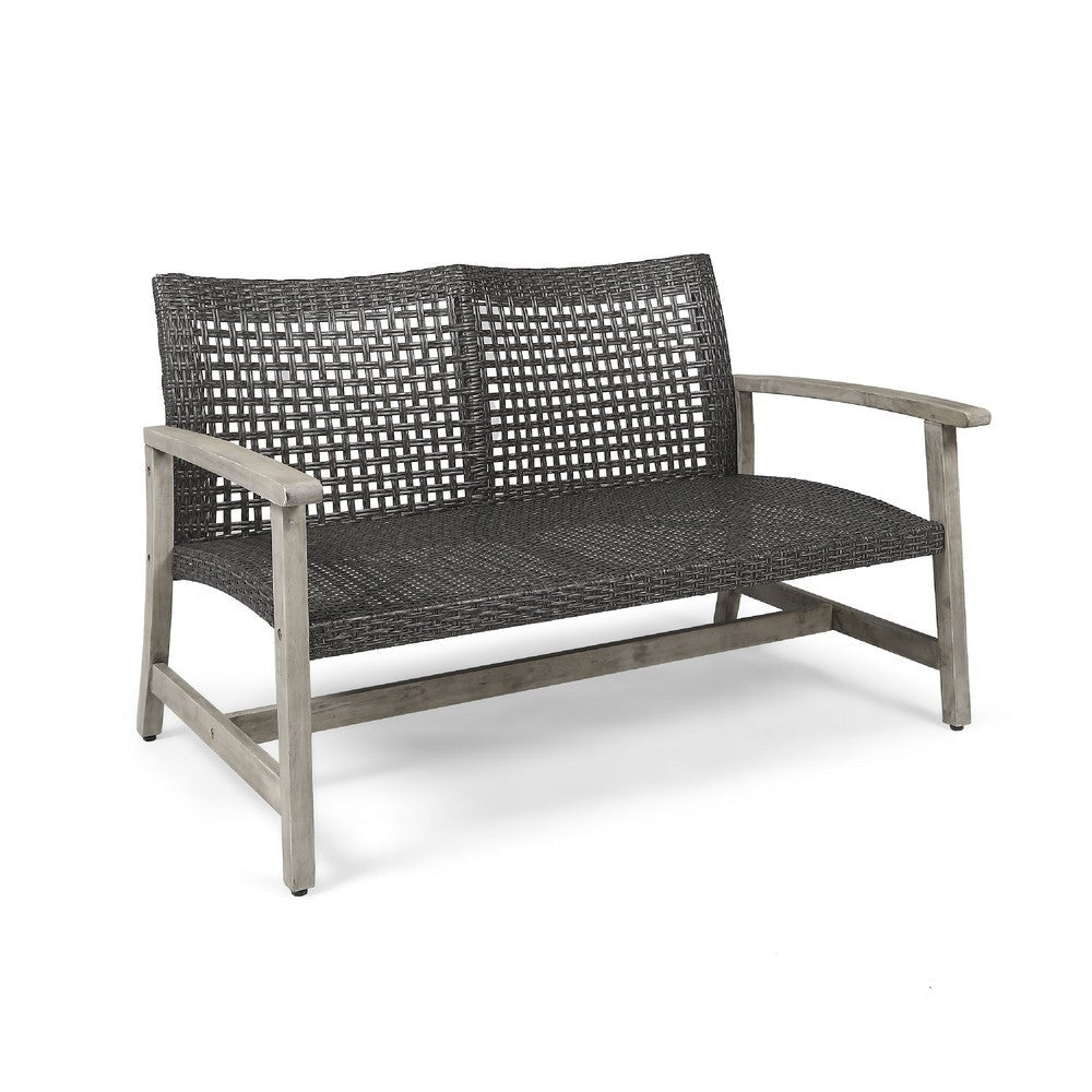 Bops Outdoor Loveseat | Rustic Acacia Wood Frame | 52" | Gray Wicker