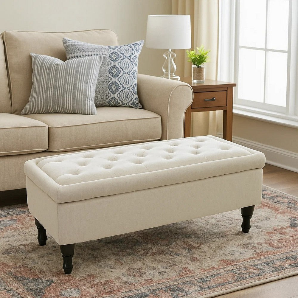 Kiyo Ottoman | Linen Ivory Faux Suede | 41" | Tufted Storage Lid