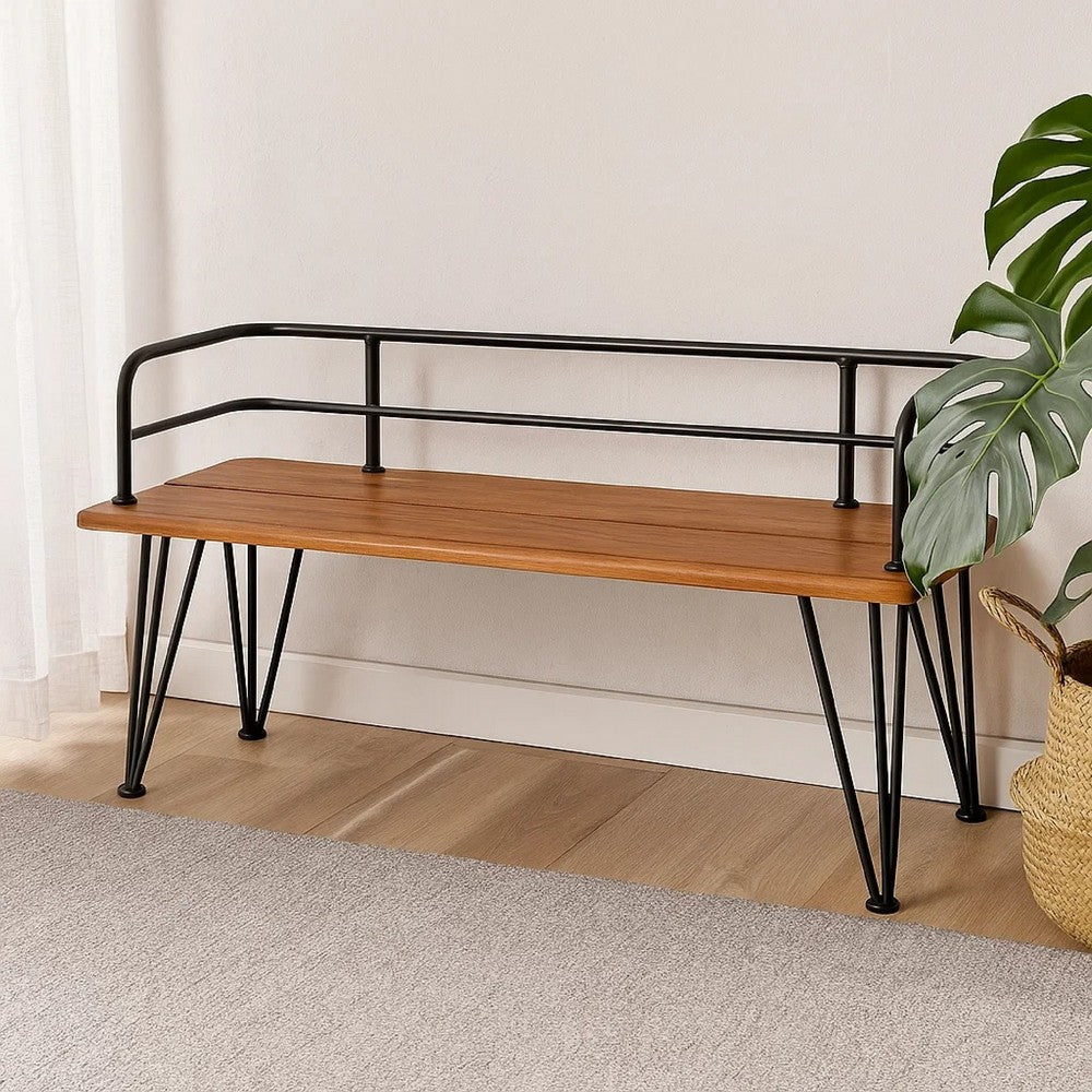 Zoe Outdoor Bench | Industrial Metal Frame | 48" Brown Acacia Wood