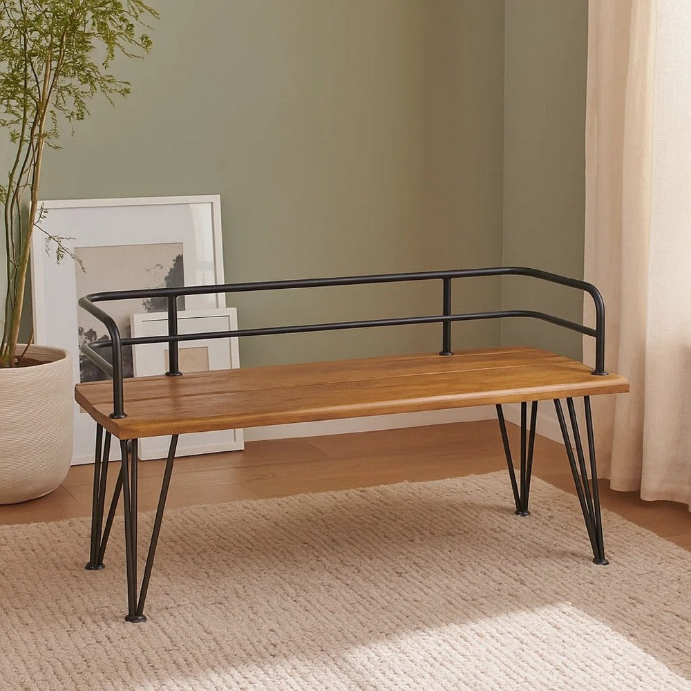 Zoe Outdoor Bench | Industrial Metal Frame | 48" Brown Acacia Wood