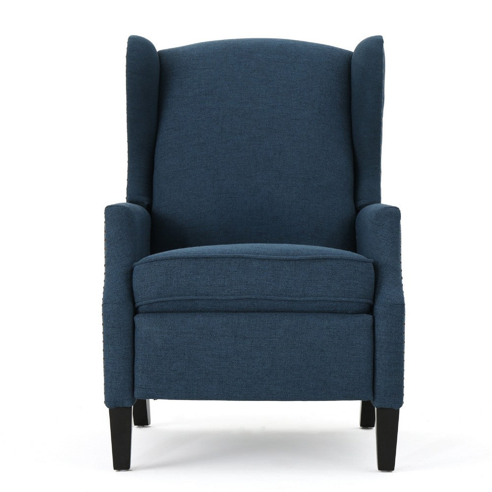 Manual Recliner Chair | Wingback | Nailhead Trim | Navy Blue Polyester
