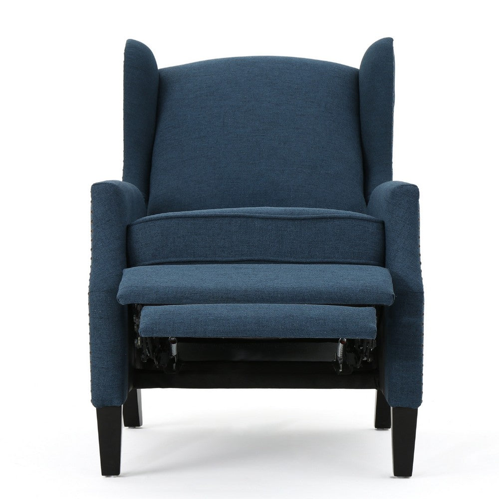 Manual Recliner Chair | Wingback | Nailhead Trim | Navy Blue Polyester