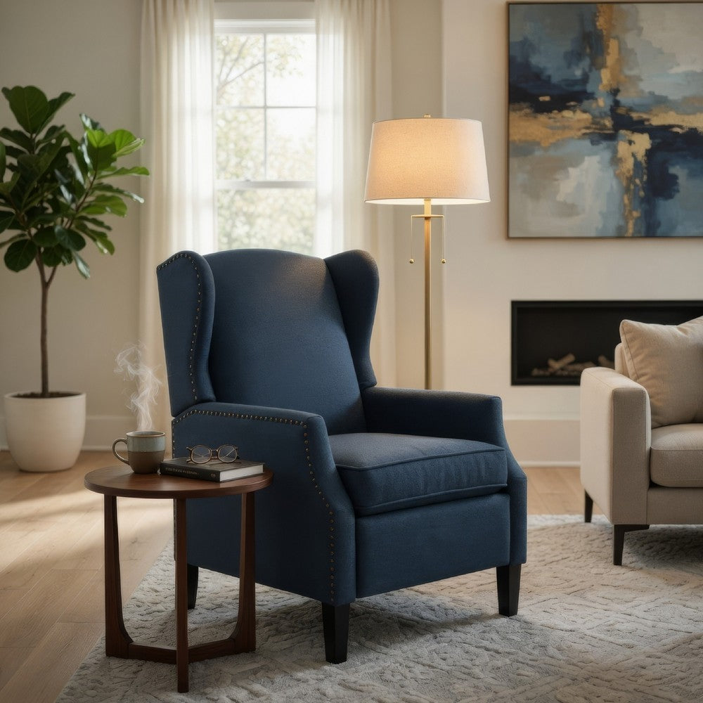 Manual Recliner Chair | Wingback | Nailhead Trim | Navy Blue Polyester