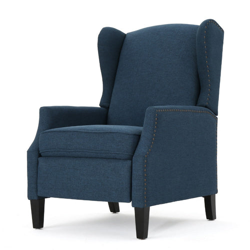 Manual Recliner Chair | Wingback | Nailhead Trim | Navy Blue Polyester