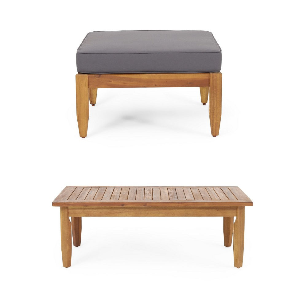 Gail Outdoor Ottoman and Coffee Table Set | Brown Acacia Wood | Gray