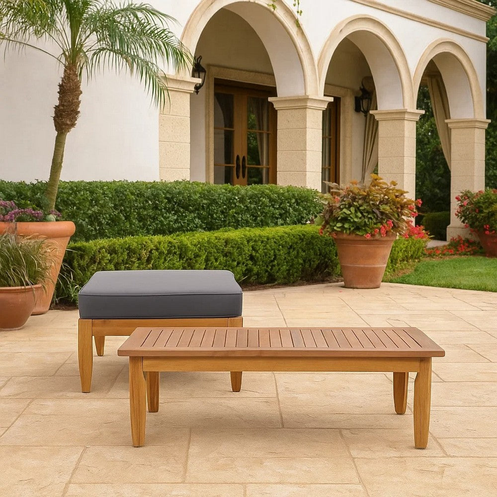 Gail Outdoor Ottoman and Coffee Table Set | Brown Acacia Wood | Gray