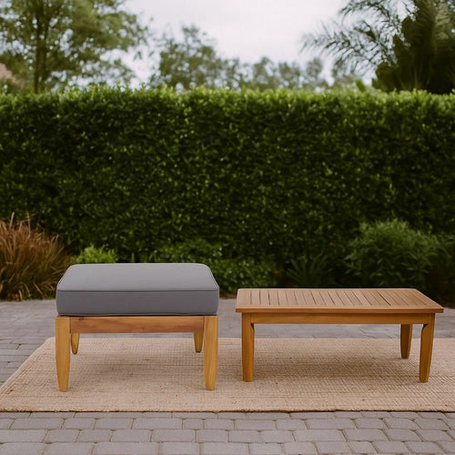 Gail Outdoor Ottoman and Coffee Table Set | Brown Acacia Wood | Gray