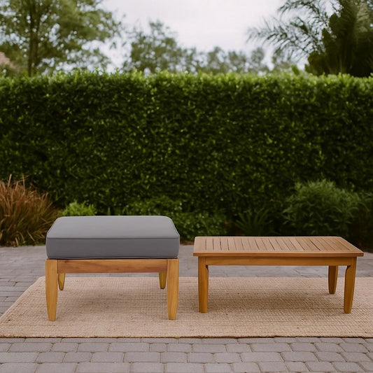 Gail Outdoor Ottoman and Coffee Table Set | Brown Acacia Wood | Gray