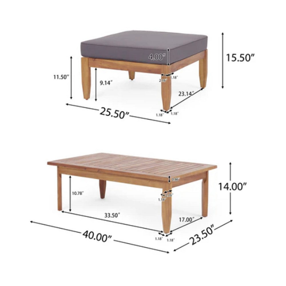 Gail Outdoor Ottoman and Coffee Table Set | Brown Acacia Wood | Gray
