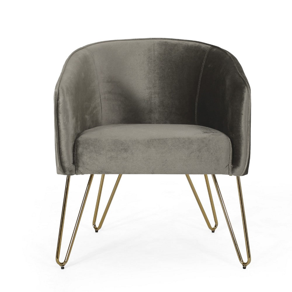 Anya Lounge Armchair | Curved Seat | Gold Hairpin Legs | Gray Velvet