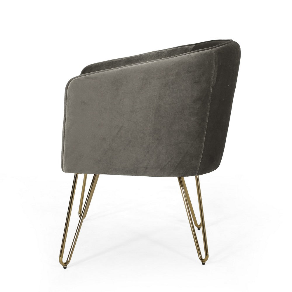 Anya Lounge Armchair | Curved Seat | Gold Hairpin Legs | Gray Velvet