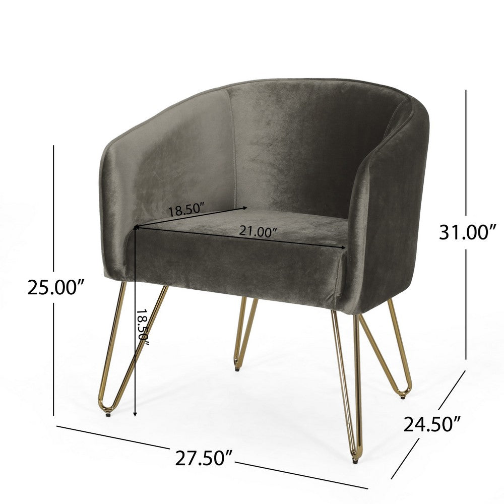 Anya Lounge Armchair | Curved Seat | Gold Hairpin Legs | Gray Velvet