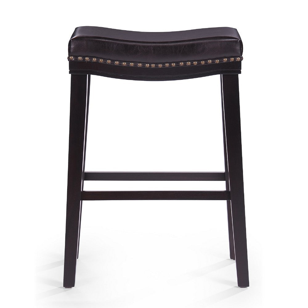 Emett Saddle Barstool Set of 2 | Studded | Brown Faux Leather and Wood BM335298