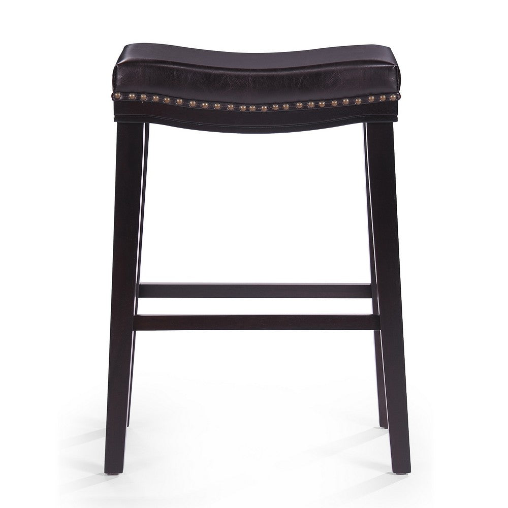 Emett Saddle Barstool Set of 2 | Studded | Brown Faux Leather and Wood