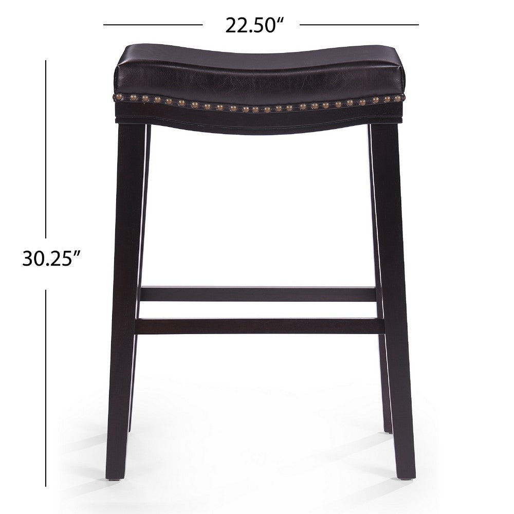 Emett Saddle Barstool Set of 2 | Studded | Brown Faux Leather and Wood