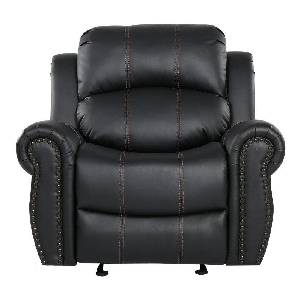 Manual Glider Recliner Chair | Nailhead Trim Plush Black Faux Leather BM335317