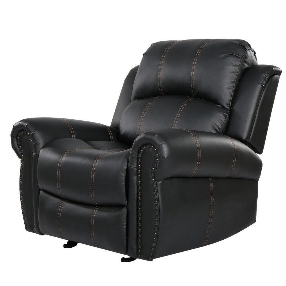 Manual Glider Recliner Chair | Nailhead Trim Plush Black Faux Leather BM335317