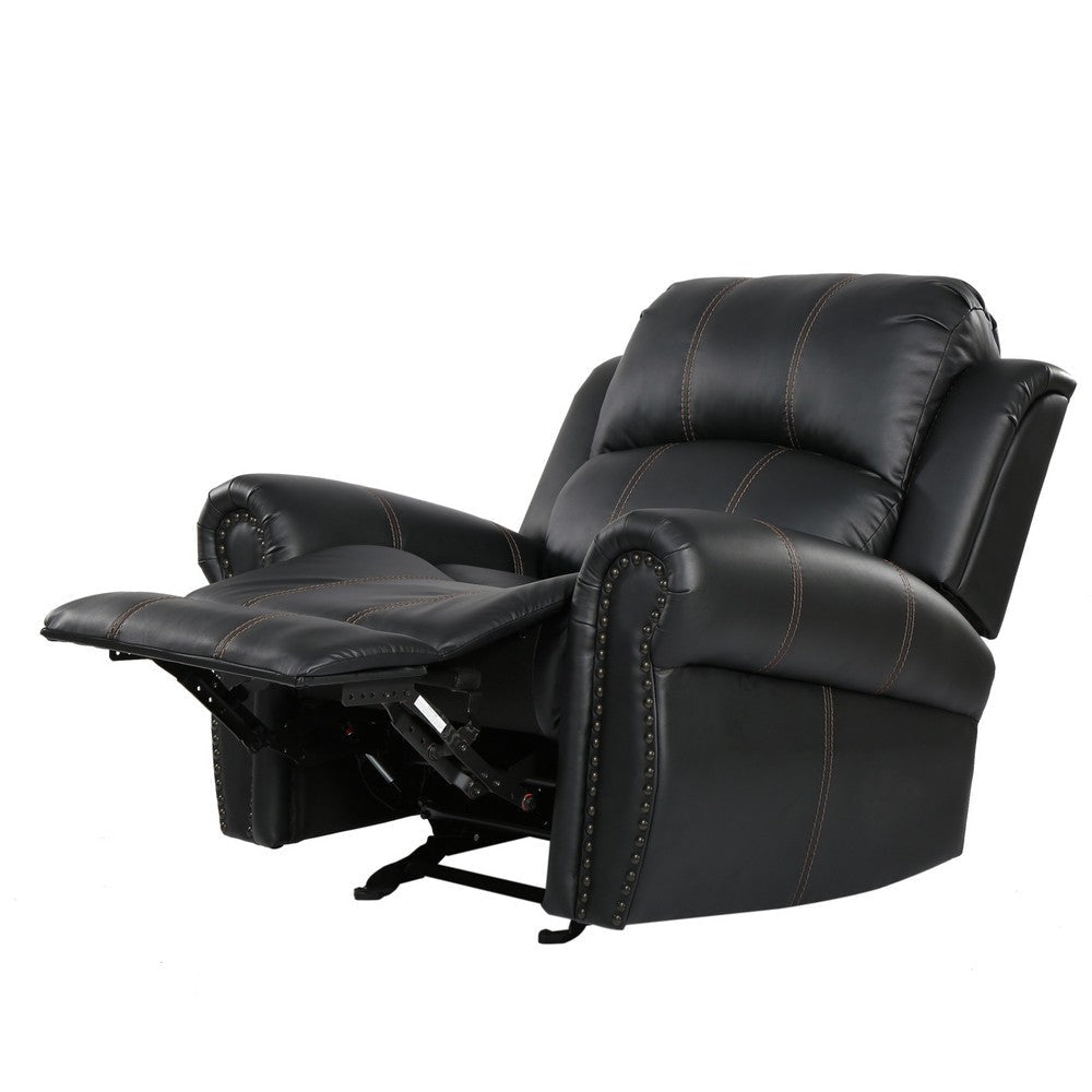 Manual Glider Recliner Chair | Nailhead Trim Plush Black Faux Leather BM335317