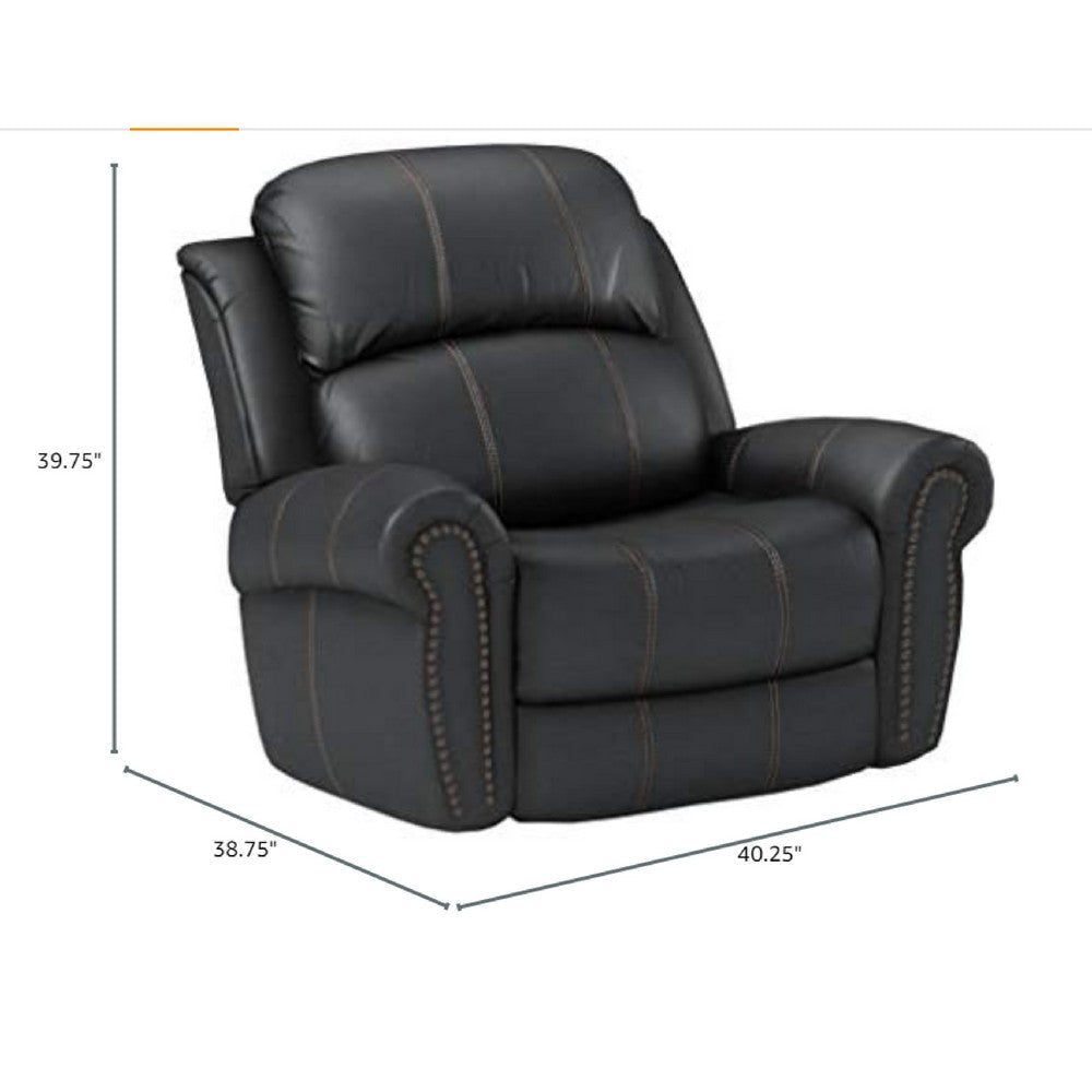 Manual Glider Recliner Chair | Nailhead Trim Plush Black Faux Leather BM335317