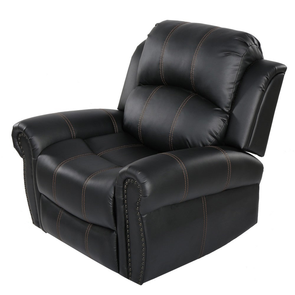 Manual Glider Recliner Chair | Nailhead Trim Plush Black Faux Leather