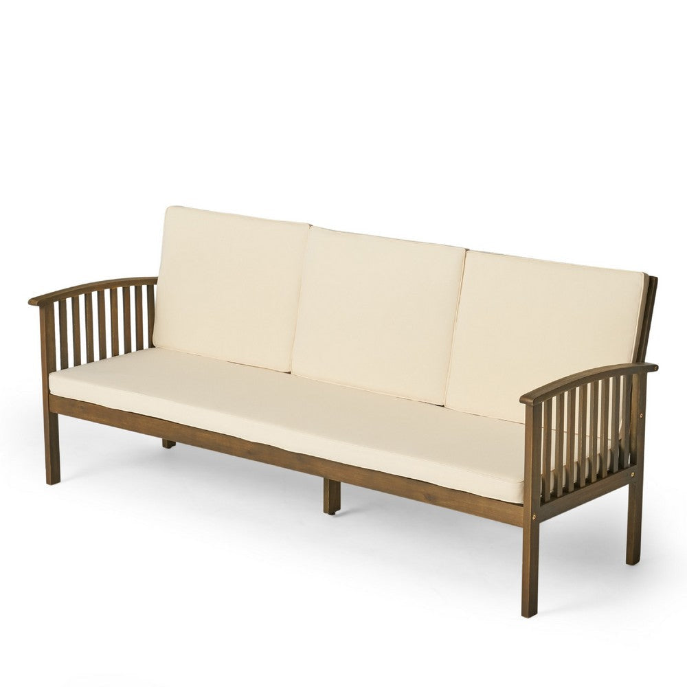 Gerry Outdoor Bench Sofa, Cream Foam Pads, Gray Acacia Wood 78 Inch