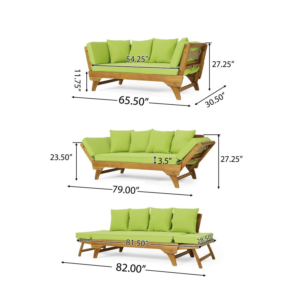 Flex Outdoor Daybed | 65" Teak Brown Acacia Wood | Green Cushions