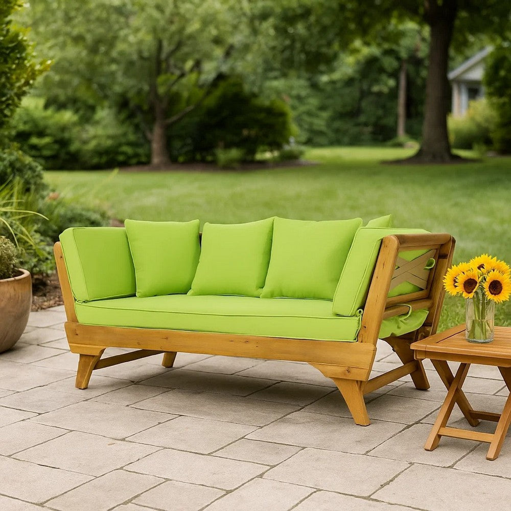 Flex Outdoor Daybed | 65" Teak Brown Acacia Wood | Green Cushions