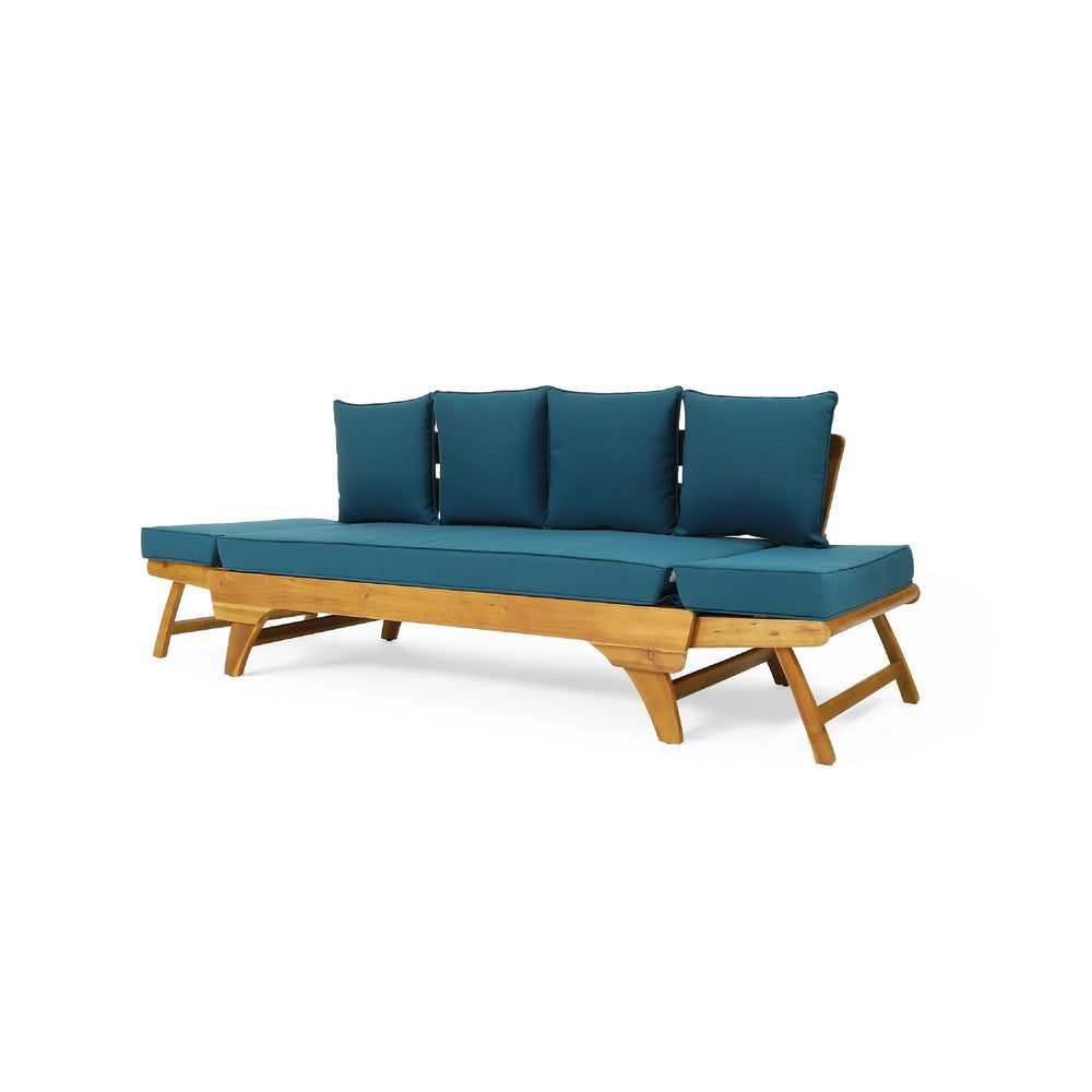Flex Outdoor Daybed | 65" Teak Brown Acacia Wood | Blue Cushions