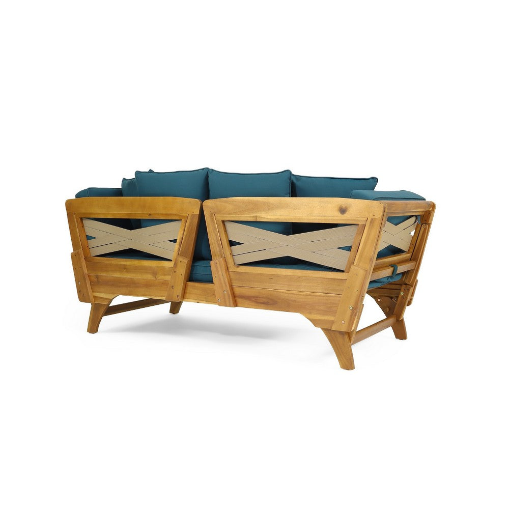 Flex Outdoor Daybed | 65" Teak Brown Acacia Wood | Blue Cushions