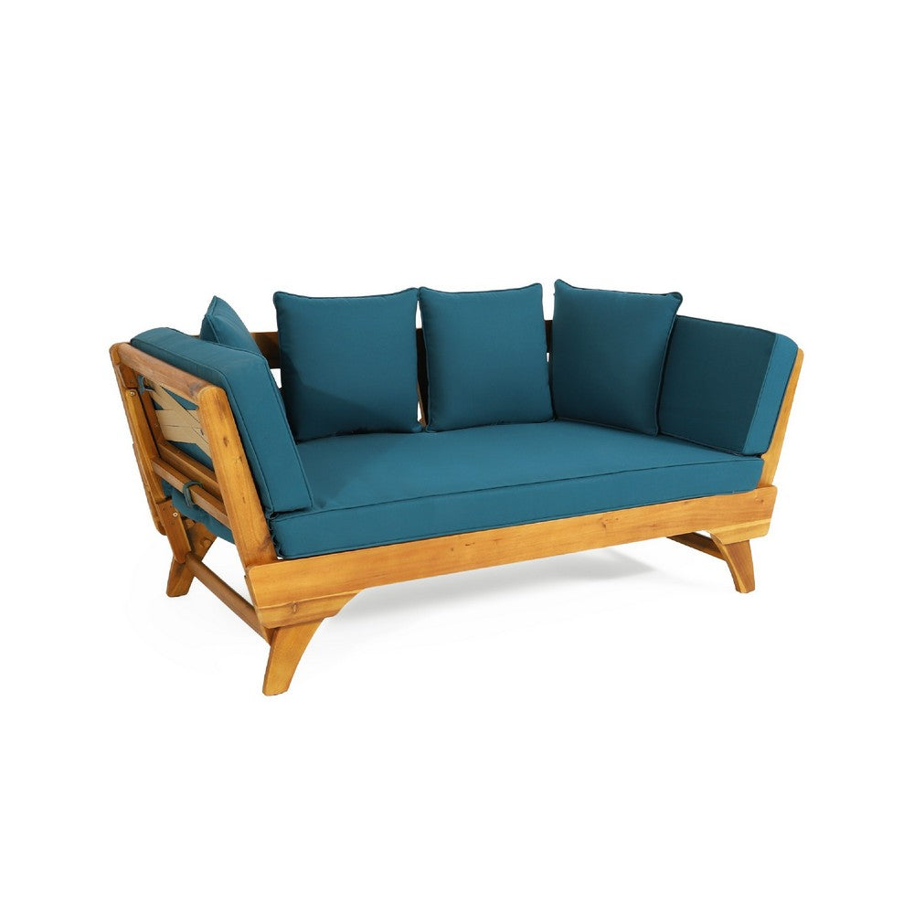 Flex Outdoor Daybed | 65" Teak Brown Acacia Wood | Blue Cushions
