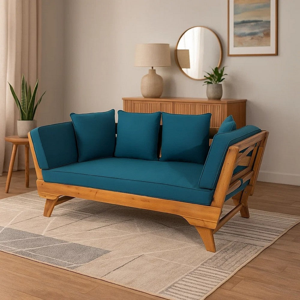 Flex Outdoor Daybed | 65" Teak Brown Acacia Wood | Blue Cushions