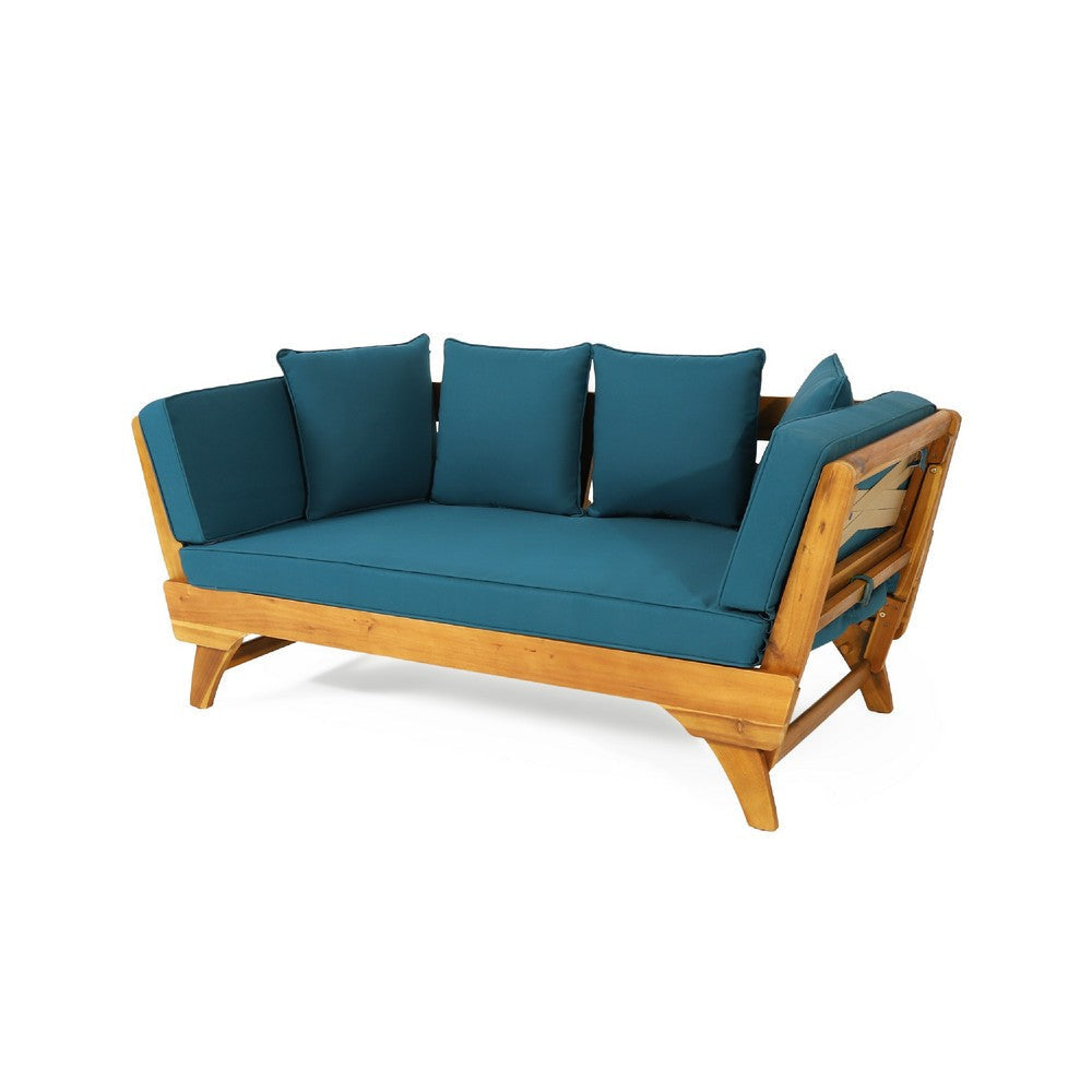 Flex Outdoor Daybed | 65" Teak Brown Acacia Wood | Blue Cushions