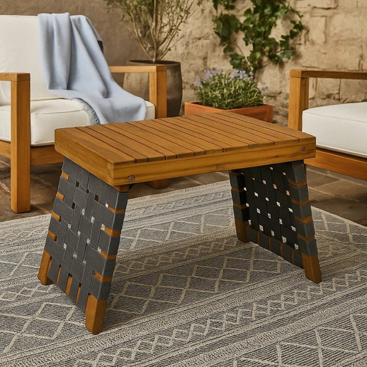 Leo Outdoor Foldable Side Table | 20" Brown Wood | Black Nylon Strap