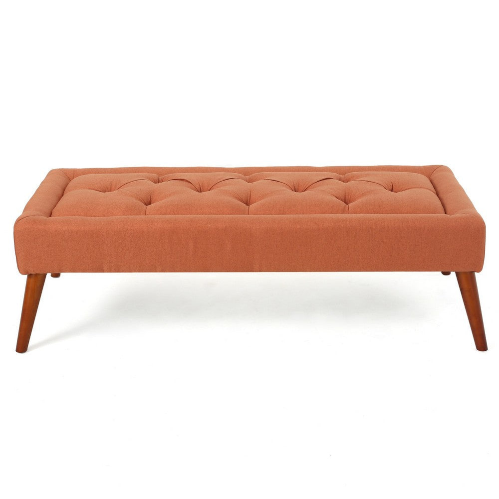 Accent Ottoman Bench Tufted 52 Inch Rectangular Orange Fabric Seat BM335326