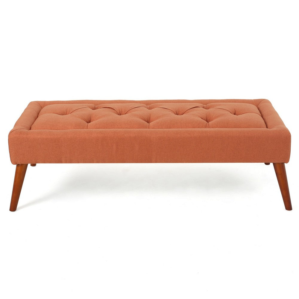 Accent Ottoman Bench, Tufted 52 Inch Rectangular Orange Fabric Seat