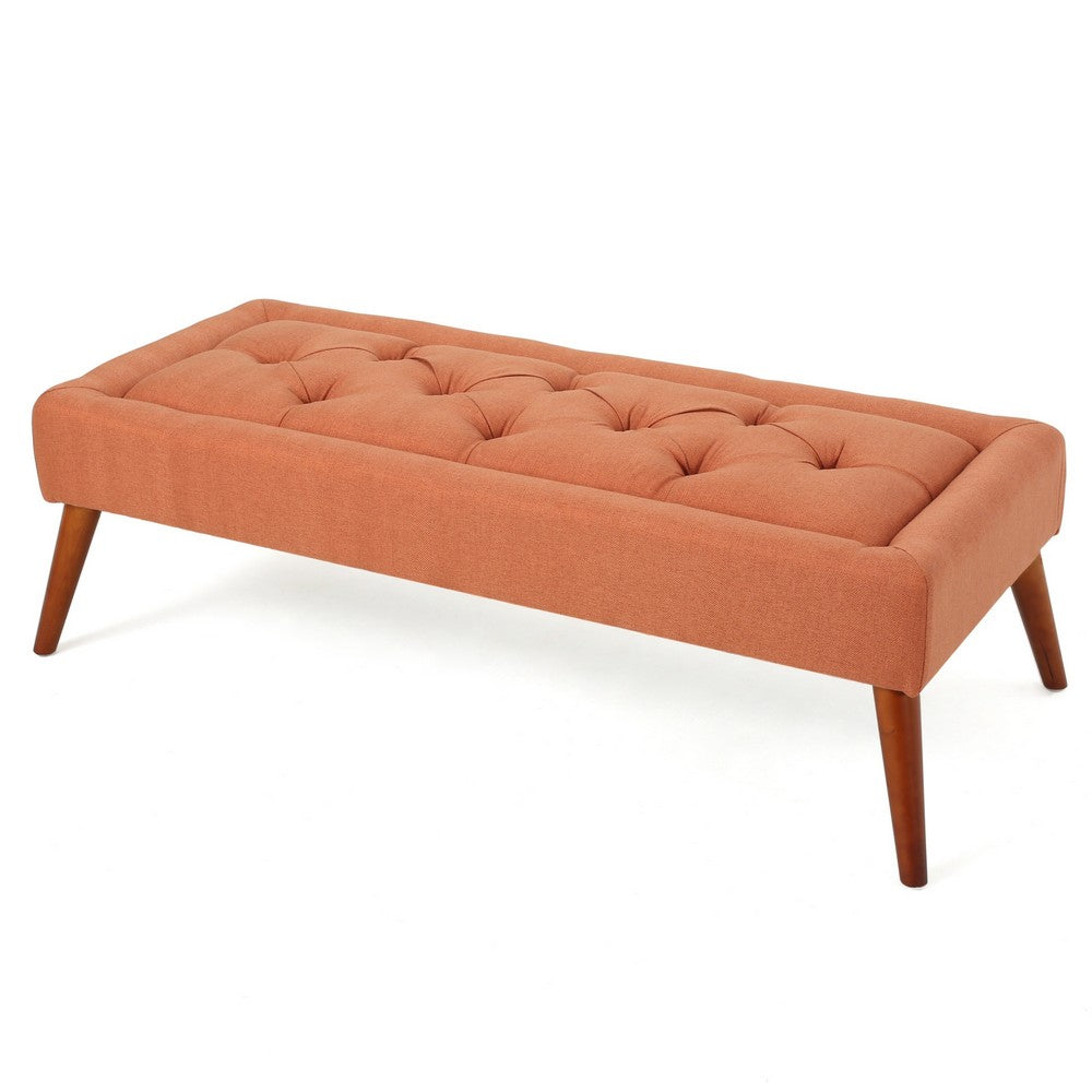 Accent Ottoman Bench, Tufted 52 Inch Rectangular Orange Fabric Seat