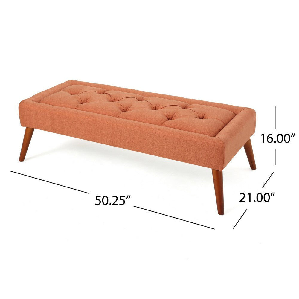 Accent Ottoman Bench Tufted 52 Inch Rectangular Orange Fabric Seat BM335326