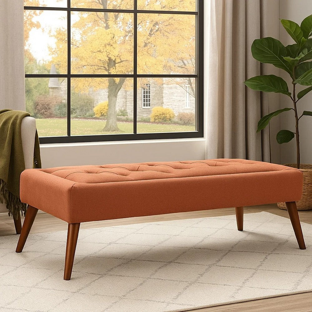 Accent Ottoman Bench, Tufted 52 Inch Rectangular Orange Fabric Seat