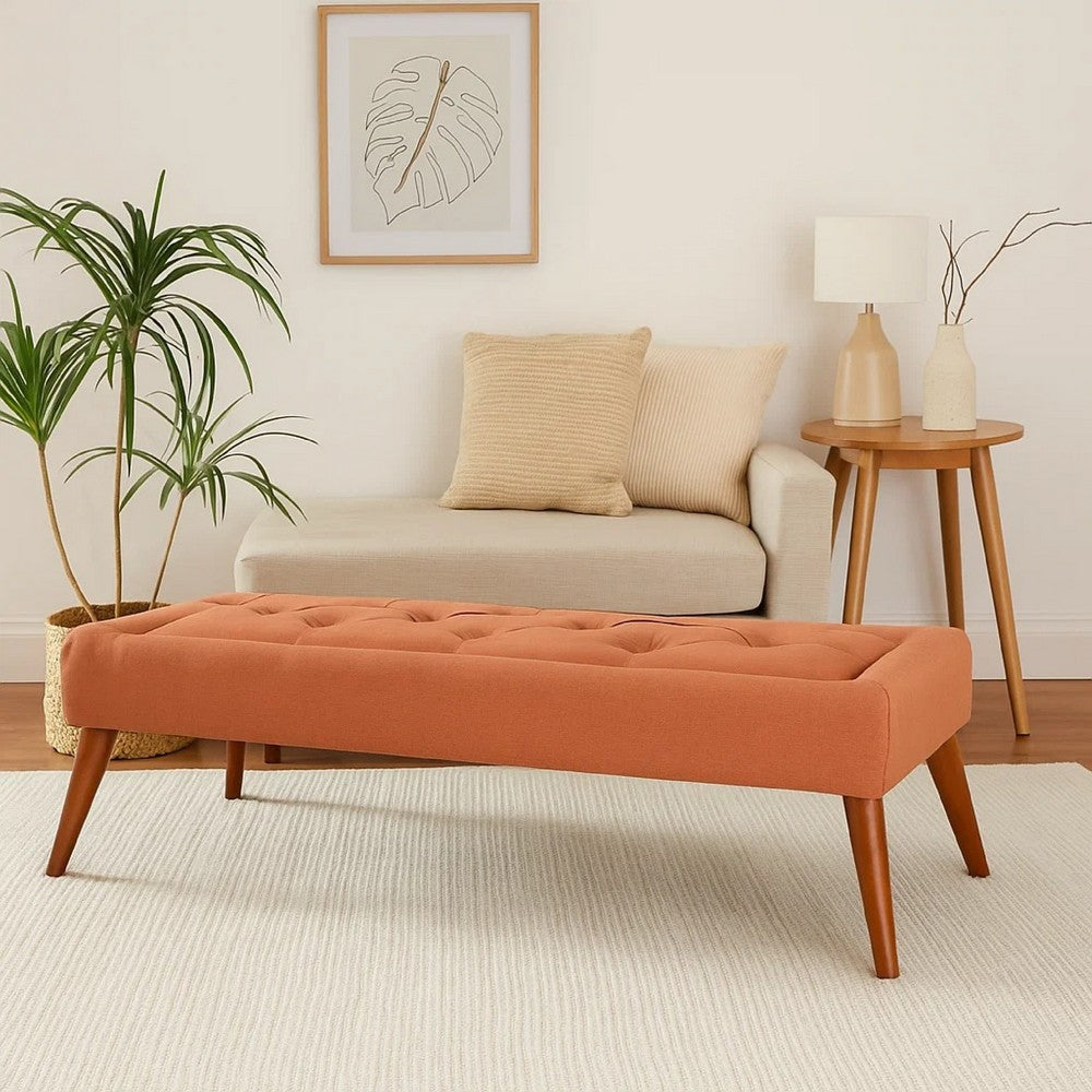 Accent Ottoman Bench, Tufted 52 Inch Rectangular Orange Fabric Seat