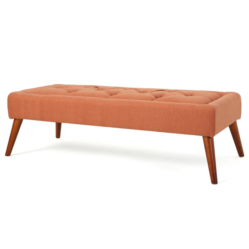 Accent Ottoman Bench, Tufted 52 Inch Rectangular Orange Fabric Seat