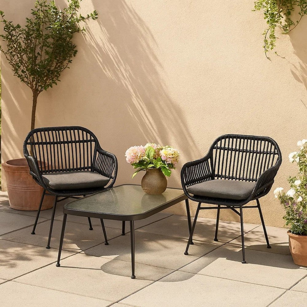 Tee Outdoor Conversation Chair Set of 2 | Gray Rattan | Black Metal