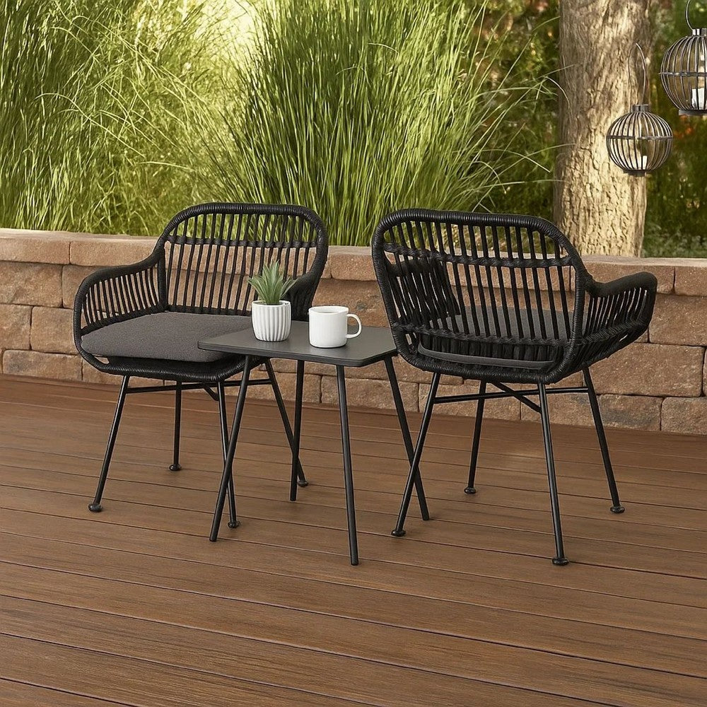 Tee Outdoor Conversation Chair Set of 2 | Gray Rattan | Black Metal