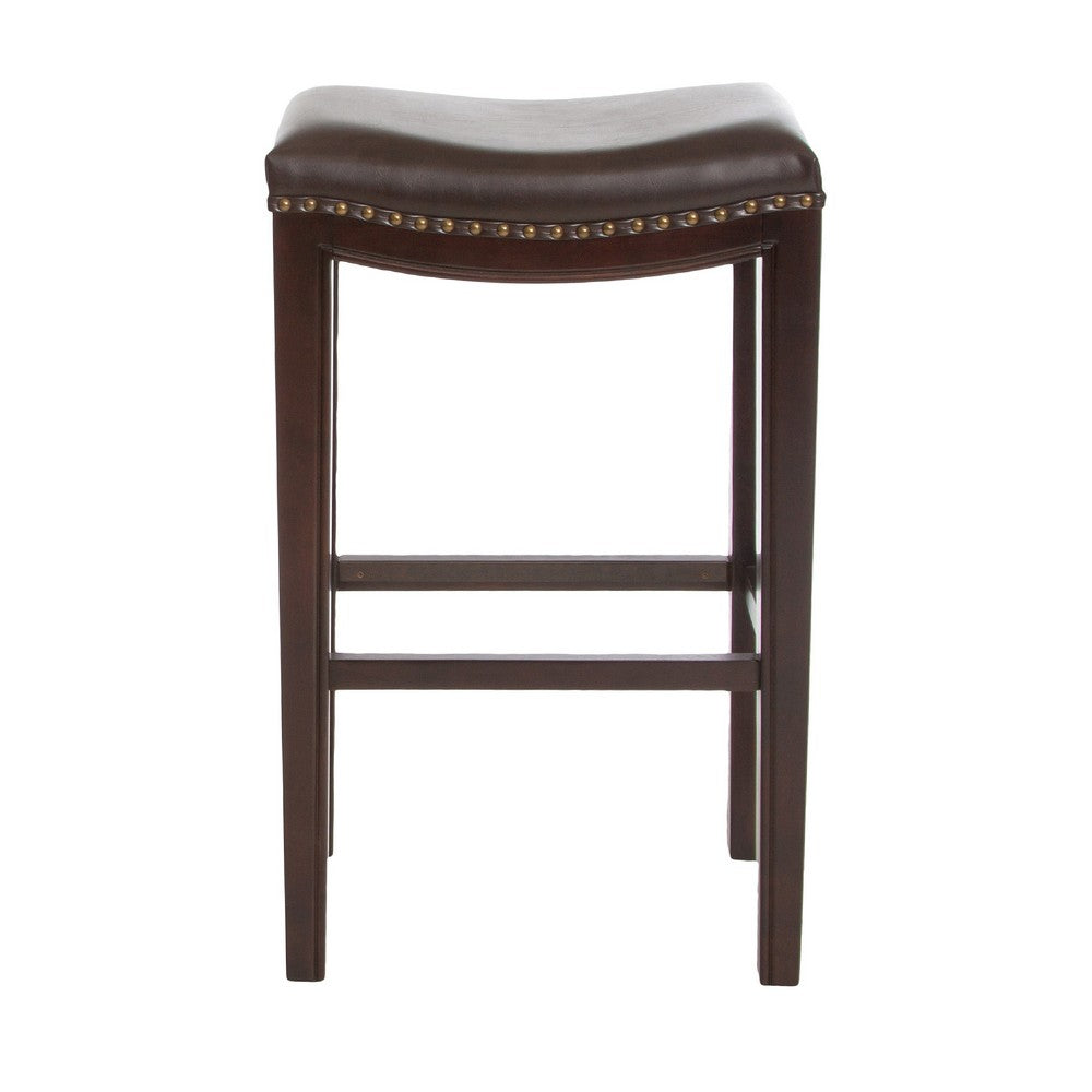 Bar Height Stool Set of 2 | Backless Design | Brown Faux Leather Seat
