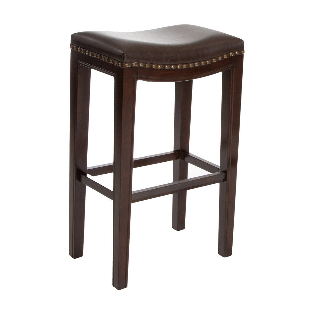 Bar Height Stool Set of 2 | Backless Design | Brown Faux Leather Seat