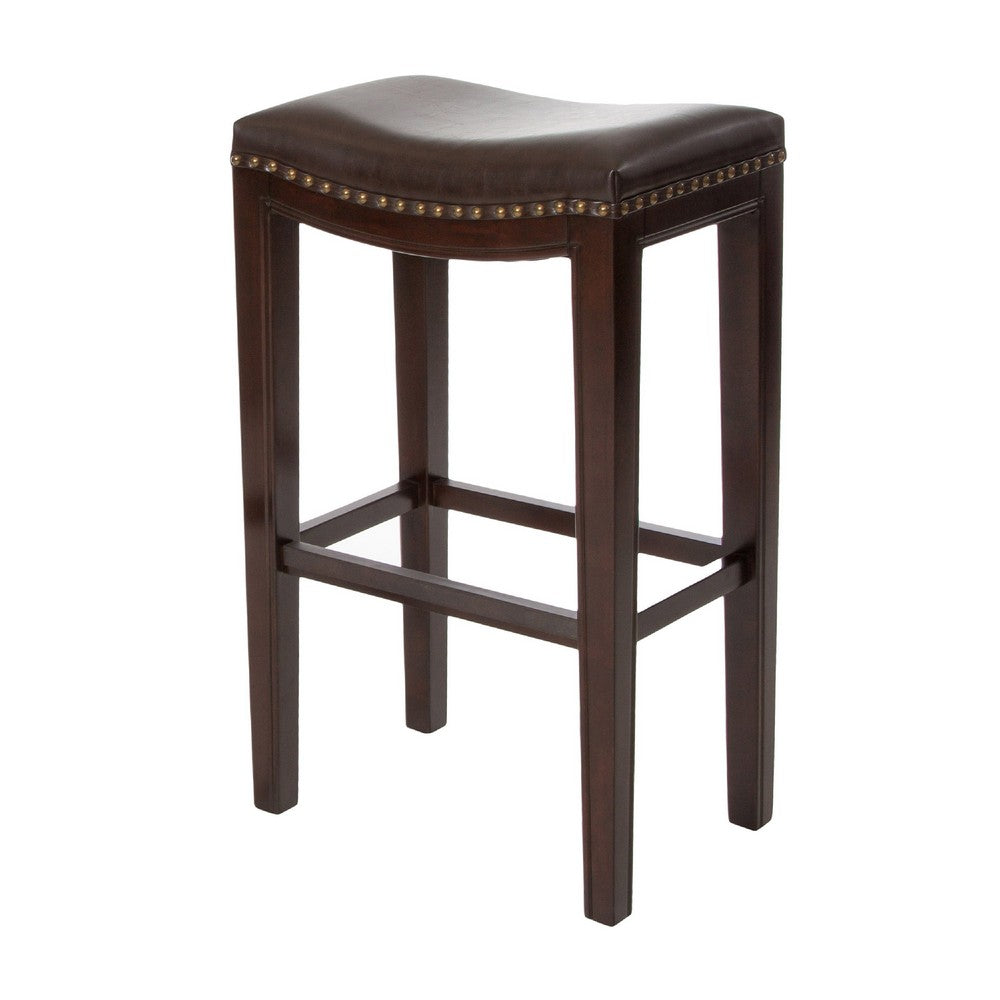 Bar Height Stool Set of 2 | Backless Design | Brown Faux Leather Seat