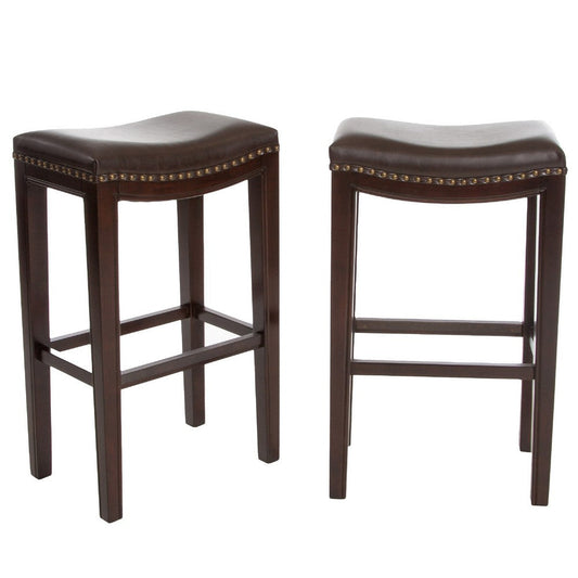 Bar Height Stool Set of 2 | Backless Design | Brown Faux Leather Seat