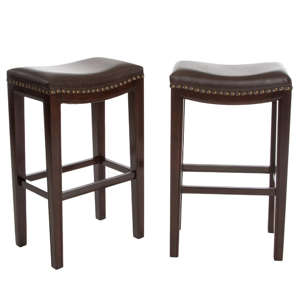 Bar Height Stool Set of 2 | Backless Design | Brown Faux Leather Seat