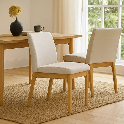 Dining Chair Set of 2 | Brown Wood Frame | Light Beige Padded Fabric